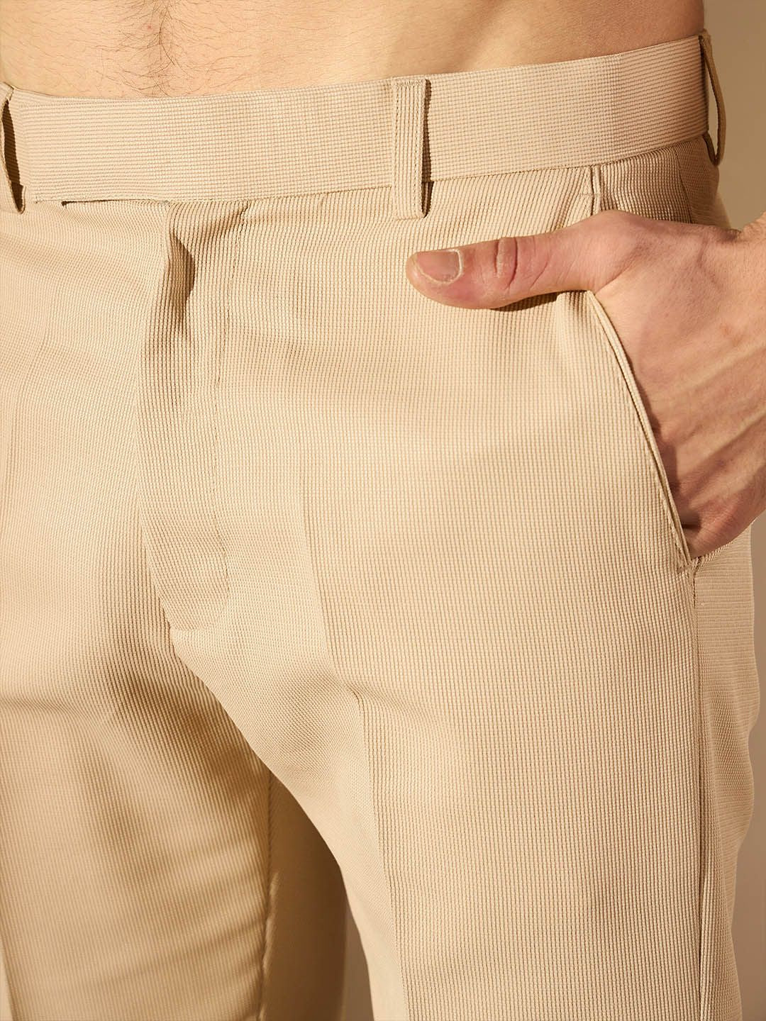 DENNISON Men Beige-Coloured Self Design Tapered Fit Trouser