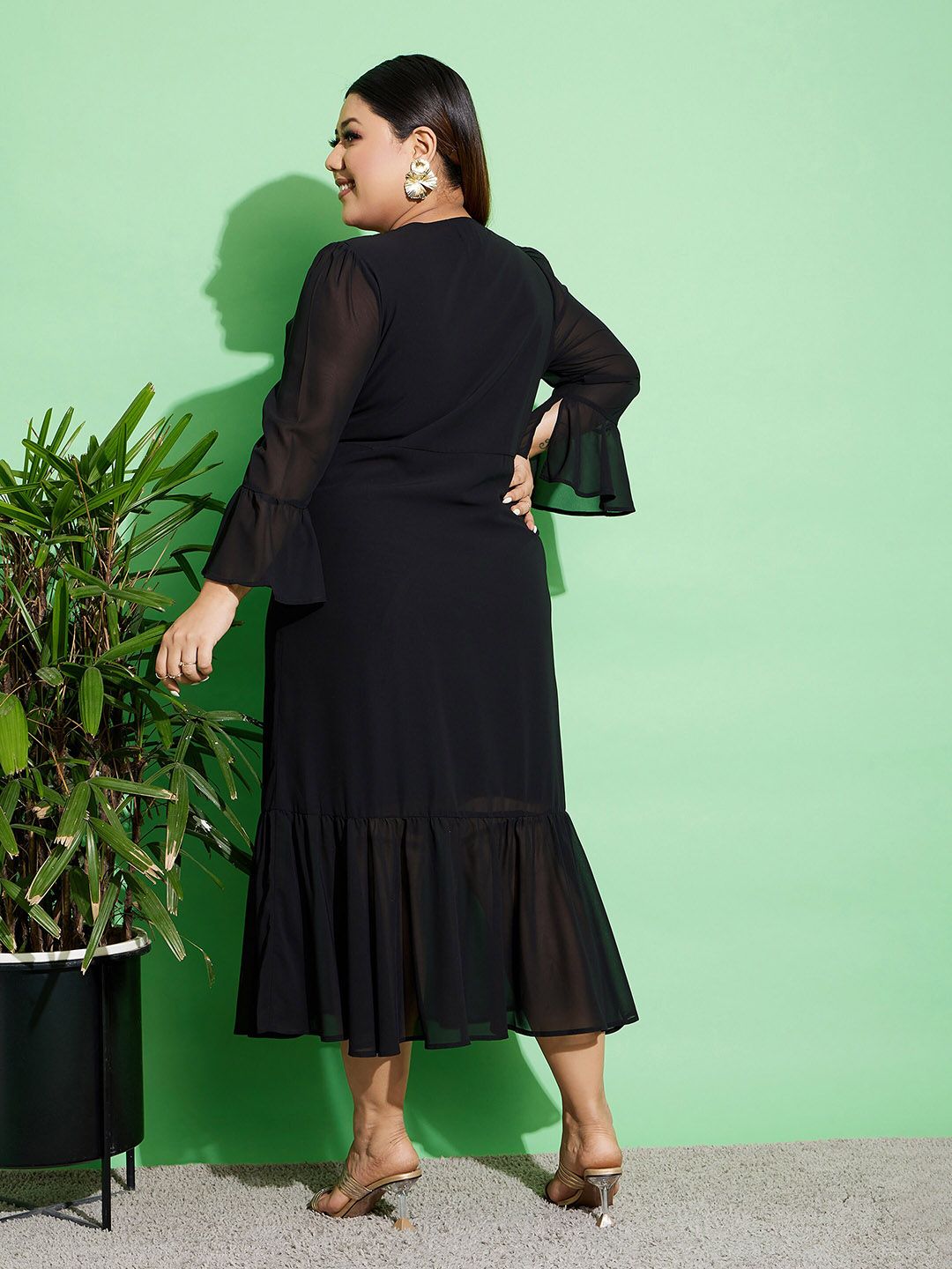 SASSAFRAS Curve Plus Size Bell Sleeves Chain Detail Wrap Dress