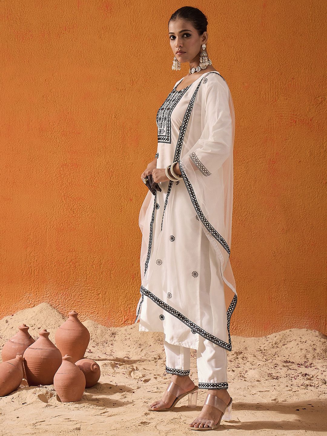 Indo Era White Floral Embroidered Straight Kurta with Trousers & Dupatta