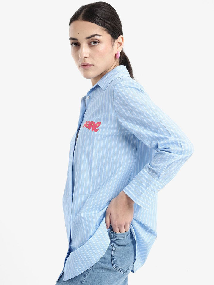 RAREISM Women Vertical Striped Cotton Shirt Collar Longline Top