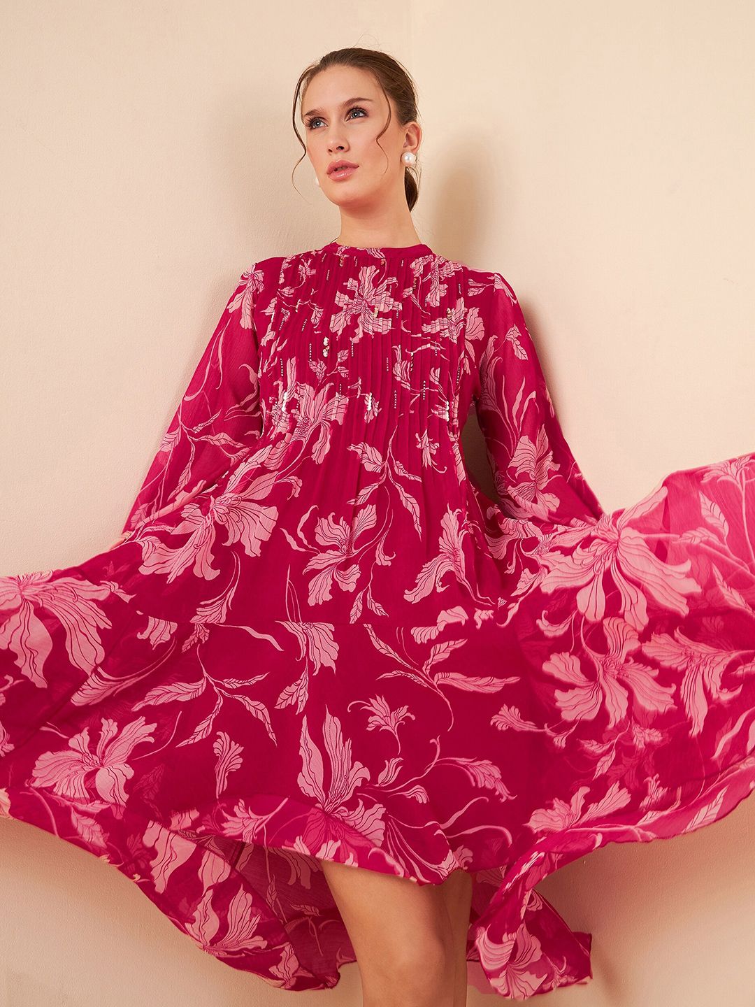 Antheaa Floral Printed High Neck Puff Sleeves Pleated Detailed Chiffon A-Line Midi Dress