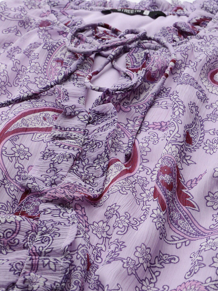 STREET 9 Woman Lavender Floral Tie-Up Neck Shirt Dress