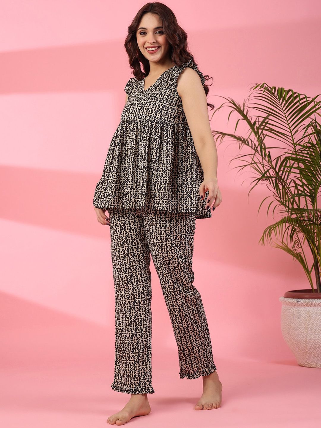 SANSKRUTIHOMES Geometric Printed Pure Cotton Night Suit