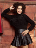 SASSAFRAS Black Open Knit Self Design Crop Acrylic Crochet Pullover Sweater