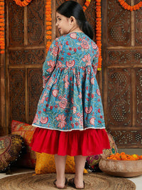 VASTRAMAY Girls Shoulder Straps Cotton Fit & Flare Ethnic Dress With Jacket