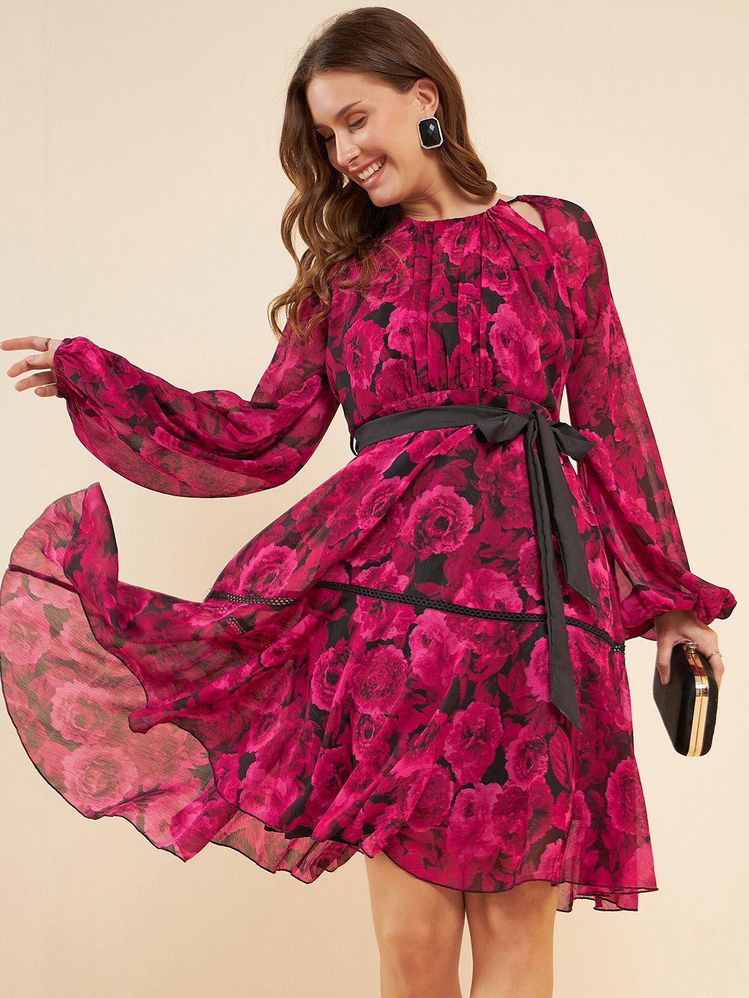 Antheaa Pink Floral Printed Puff Sleeves Gathered Detailed Chiffon Fit & Flare Dress