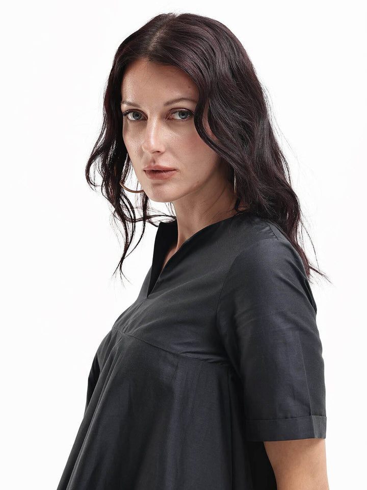 RAREISM Black Floral V-Neck Short Sleeves A-Line Women Cotton Dress