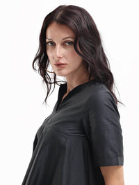 RAREISM Black Floral V-Neck Short Sleeves A-Line Women Cotton Dress