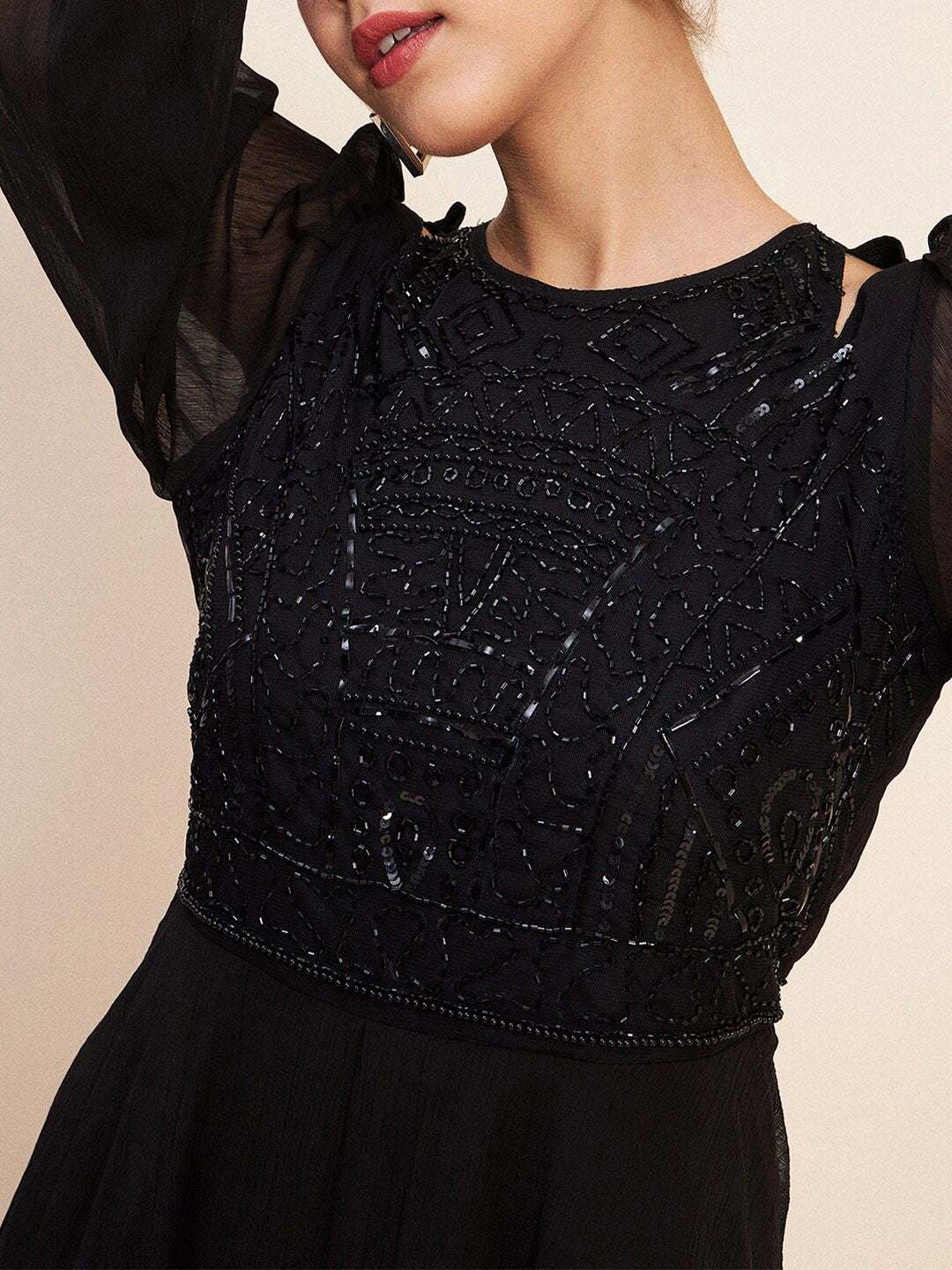 Antheaa Black Puff Sleeve Embellished Detail Fit & Flare Dress