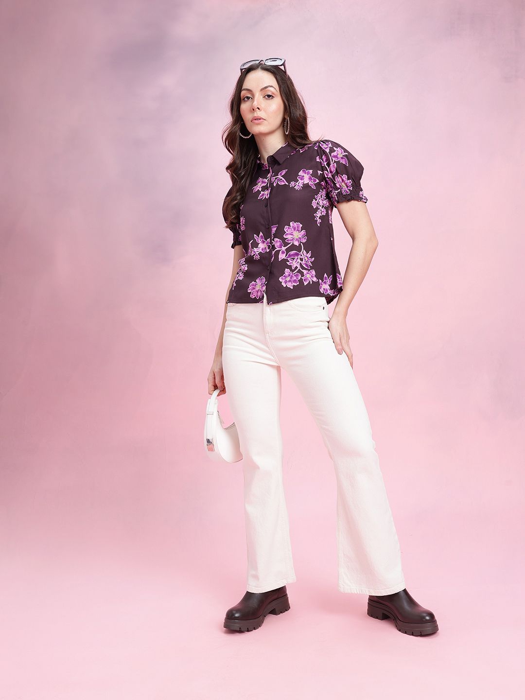 DressBerry Floral Print Puff Sleeves Shirt Style Top