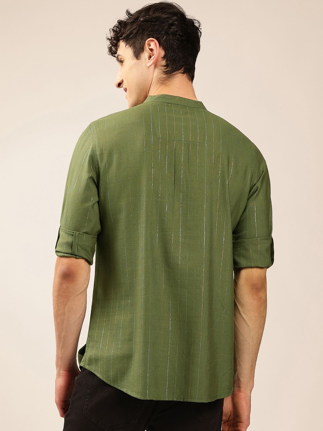 Anouk Green Striped Woven Design Mandarin Collar Roll-Up Sleeves Zari Pathani Short Kurta