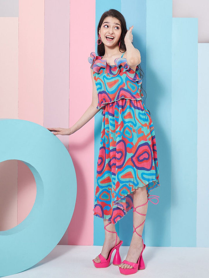 pspeaches Girls Abstract Printed One Shoulder Georgette Fit & Flare Midi Dress