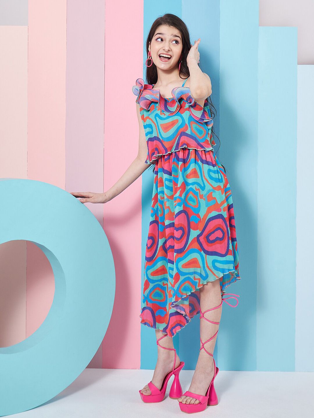 pspeaches Girls Abstract Printed One Shoulder Georgette Fit & Flare Midi Dress