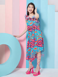 pspeaches Girls Abstract Printed One Shoulder Georgette Fit & Flare Midi Dress