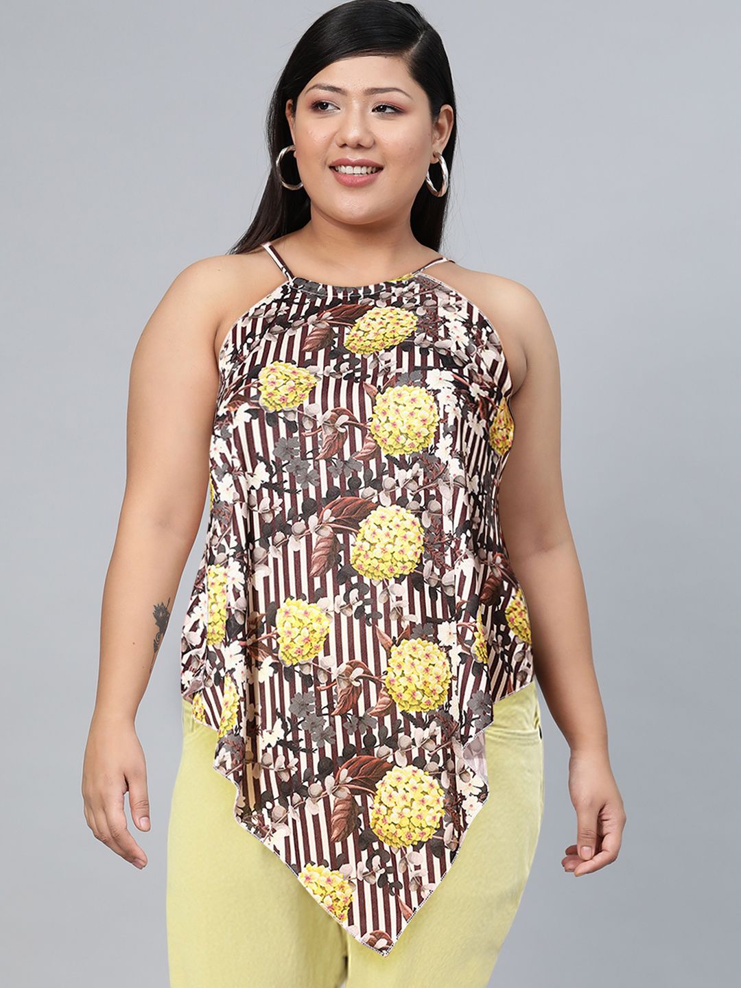 SASSAFRAS Women Chic Brown Horizontal Stripes Scarf Top