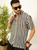 Thomas Scott Men Vertical Stripes Self Design Regular Fit Semi-Sheer Casual Crochet Shirt