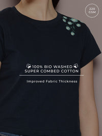 DILLINGER Women Regular Cropped Fit Embroidery Crew Neck Tshirt