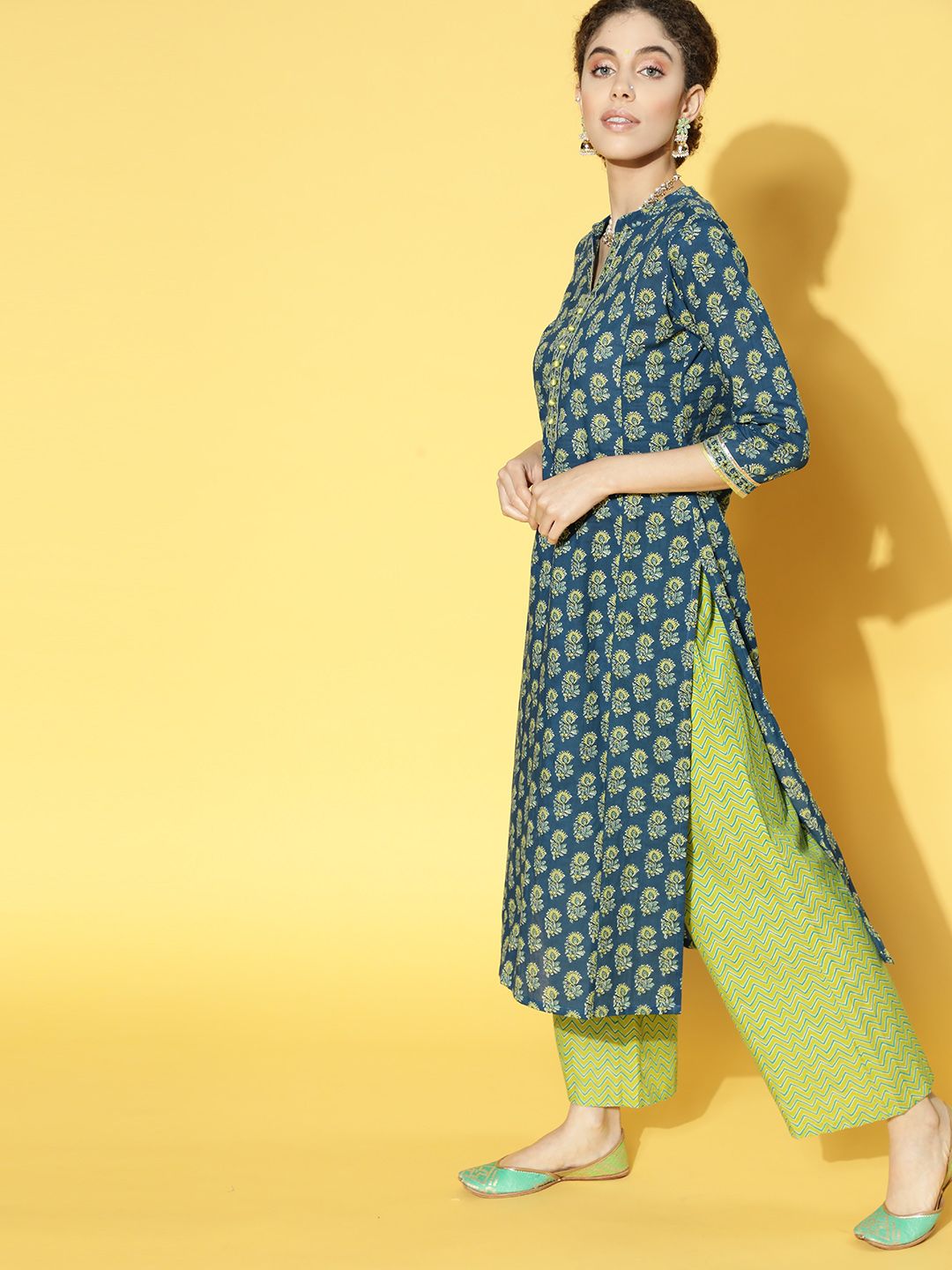 Set Kurta Campuran Kapas Bercetak Era Indo