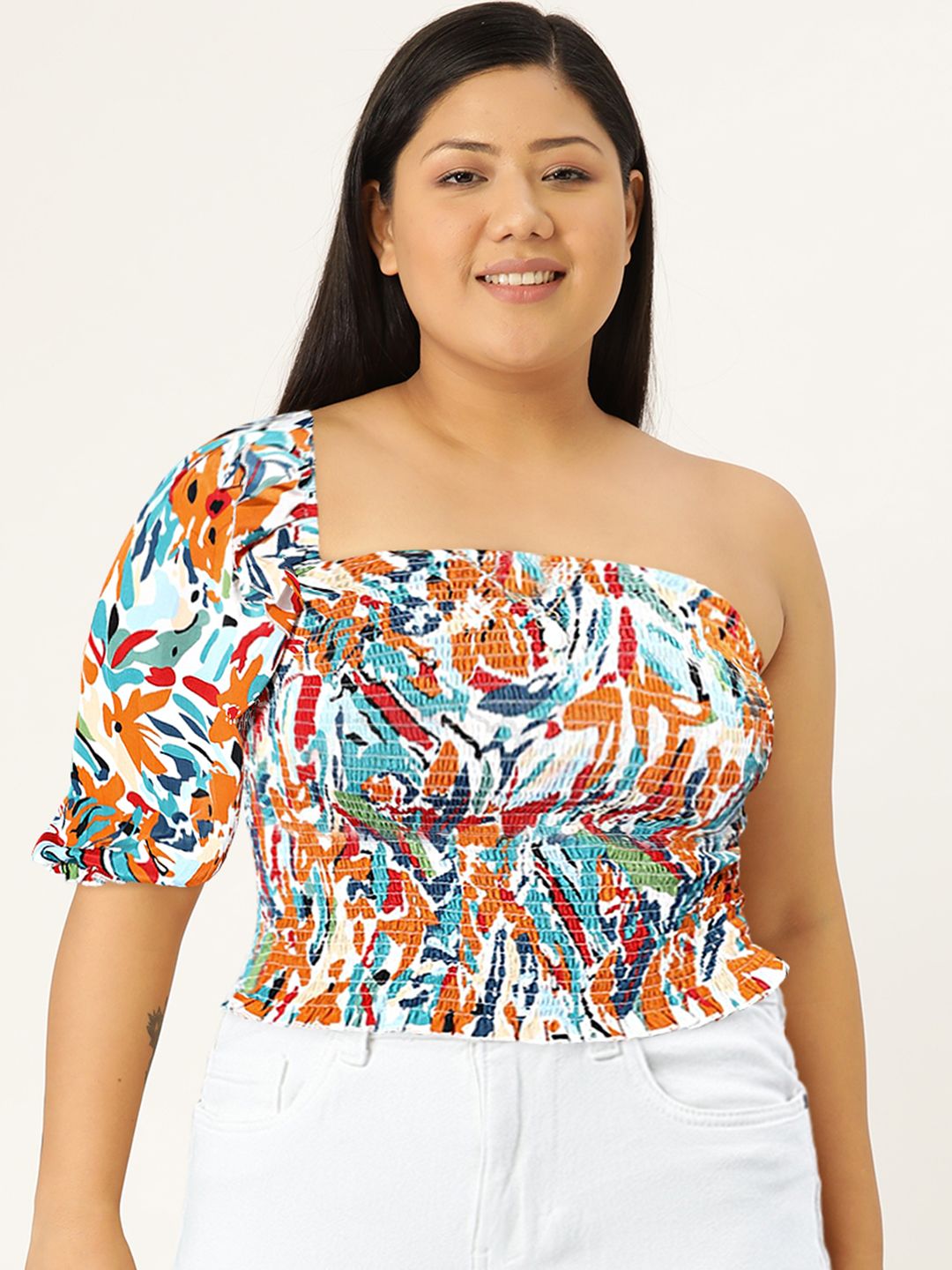 Berrylush White Print One Shoulder Ruffles Bohemian Crepe Top