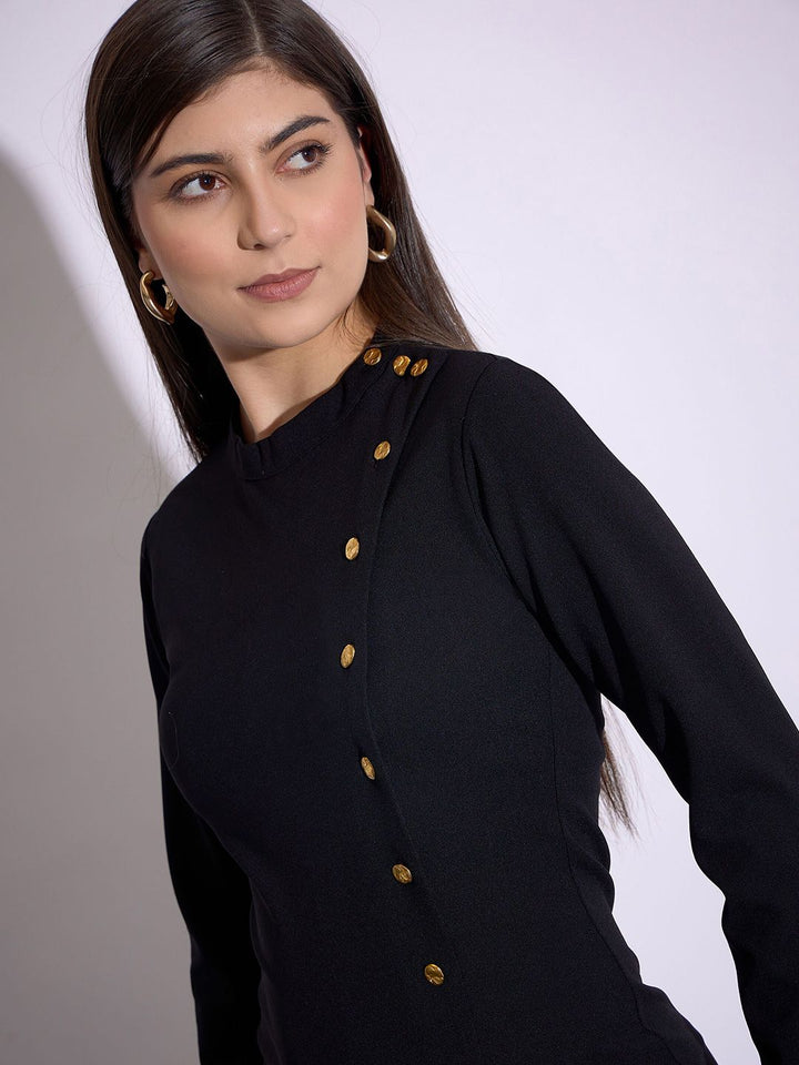 SASSAFRAS worklyf Round Neck Long Sleeves Button Detail Sheath Dress