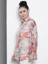 SASSAFRAS Women Beige Comfort Newspaper Printed Casual Shirt