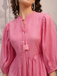 Vishudh Pink Tie-Up Neck Puff Sleeves A-Line Dress