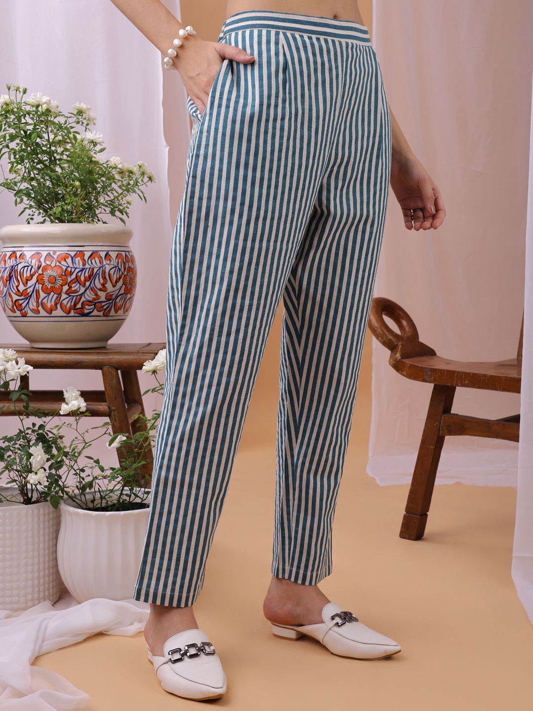 Saanjh Floral Printed Pure Cotton Tunic & Trousers Co-Ord Set