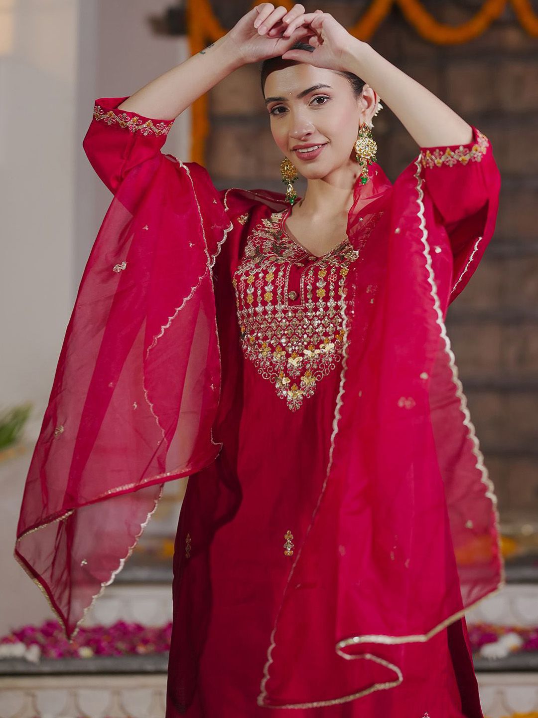 Indo Era Embroidered Sequinned Straight Kurta With Trousers & Dupatta