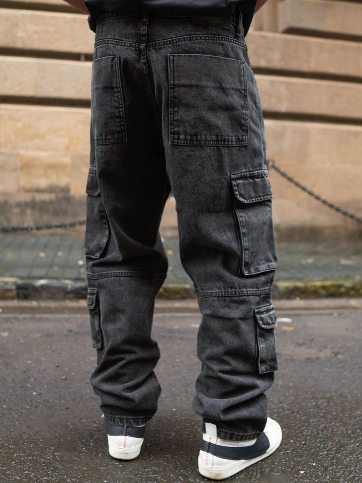 Powerlook Men Loose Fit Cargos Charcoal Black Multi Pockets Baggy Fit Denim Jeans