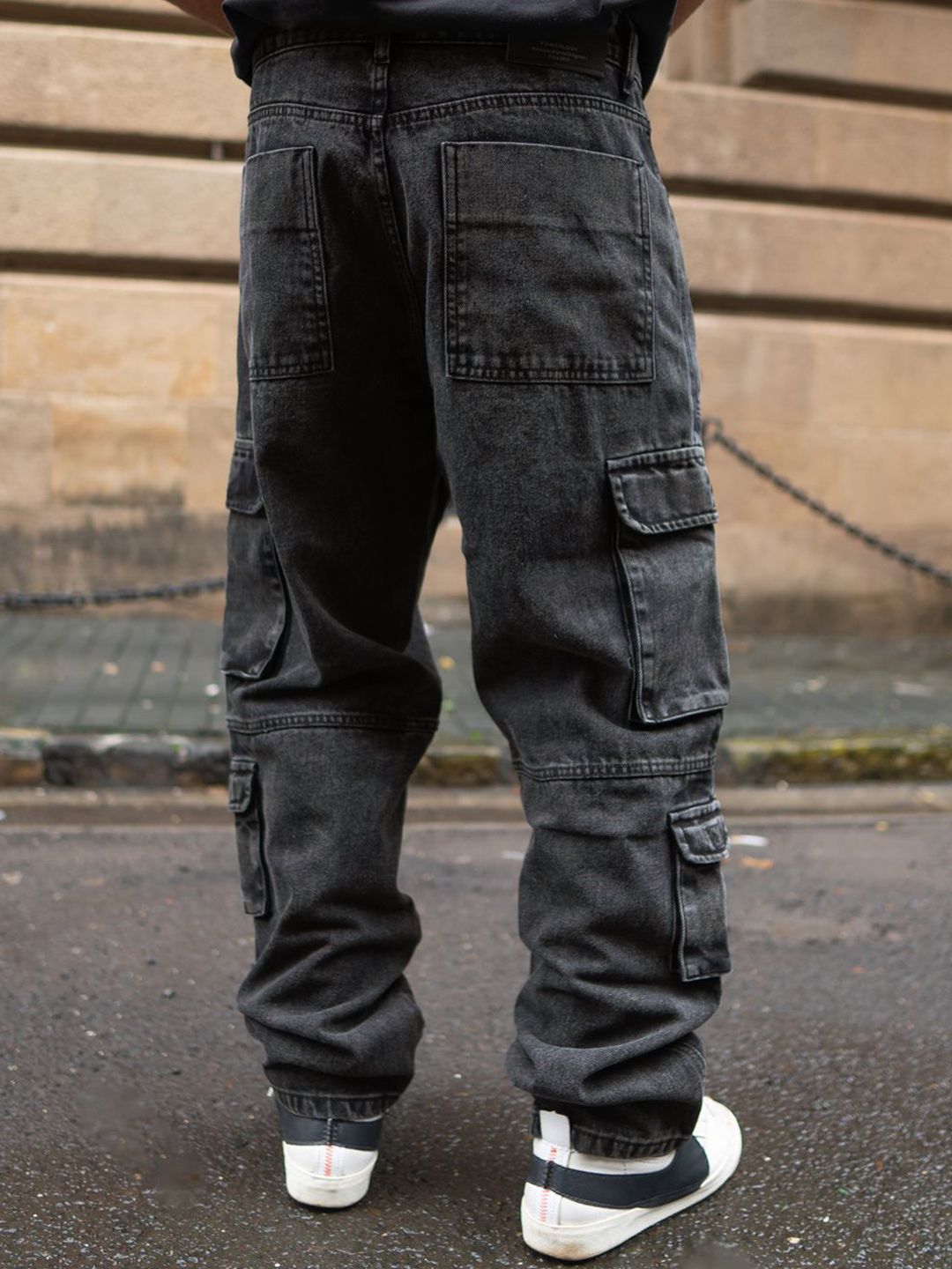 Powerlook Men Loose Fit Cargos Charcoal Black Multi Pockets Baggy Fit Denim Jeans