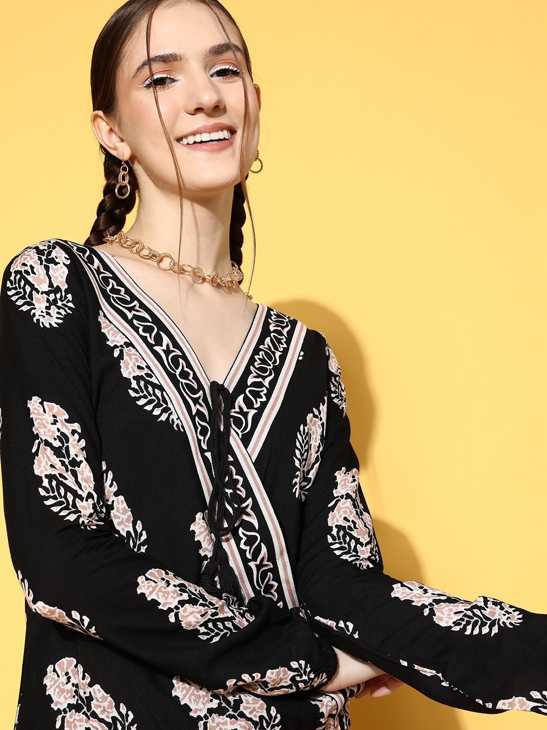 Berrylush Deep Black Floral Fluid Tie-Up Top