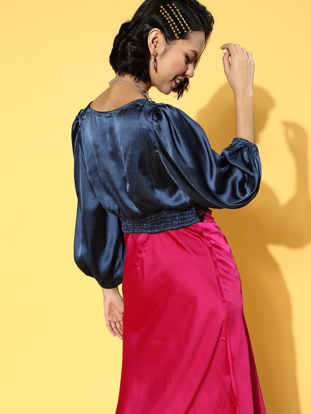 Antheaa Women Deep Navy Blue Solid Lace Top