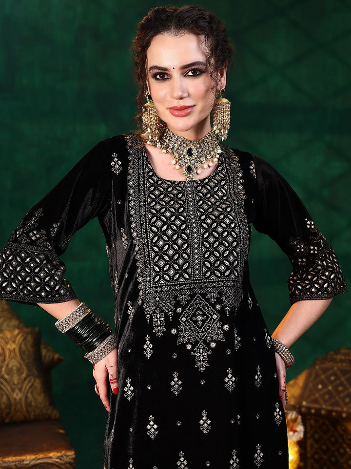Libas Ethnic Motifs Embroidered Straight Velvet Sequinned Kurta with Salwar & Dupatta