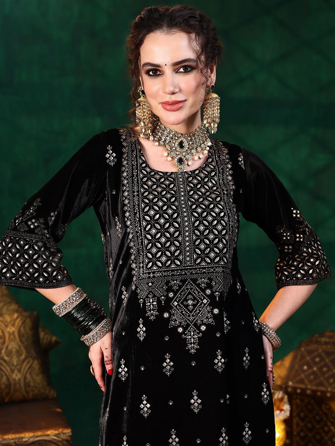 Libas Ethnic Motifs Embroidered Straight Velvet Sequinned Kurta with Salwar & Dupatta