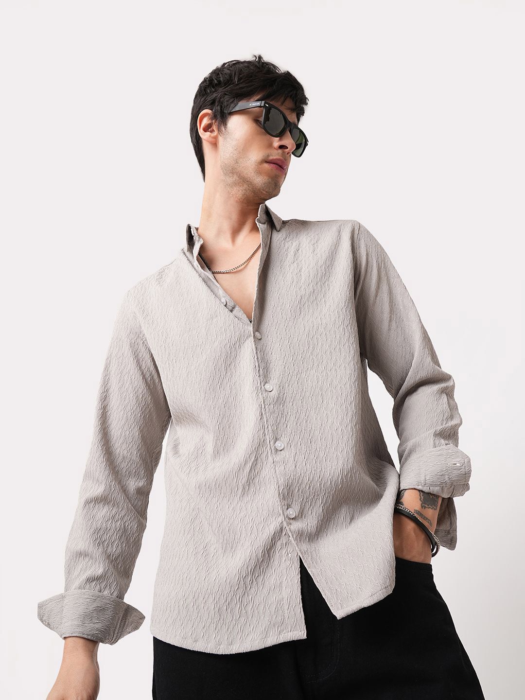 VASTRADO Ornate Cloud Men Grey Classic Relaxed Fit Self Design Jacquard Shirt