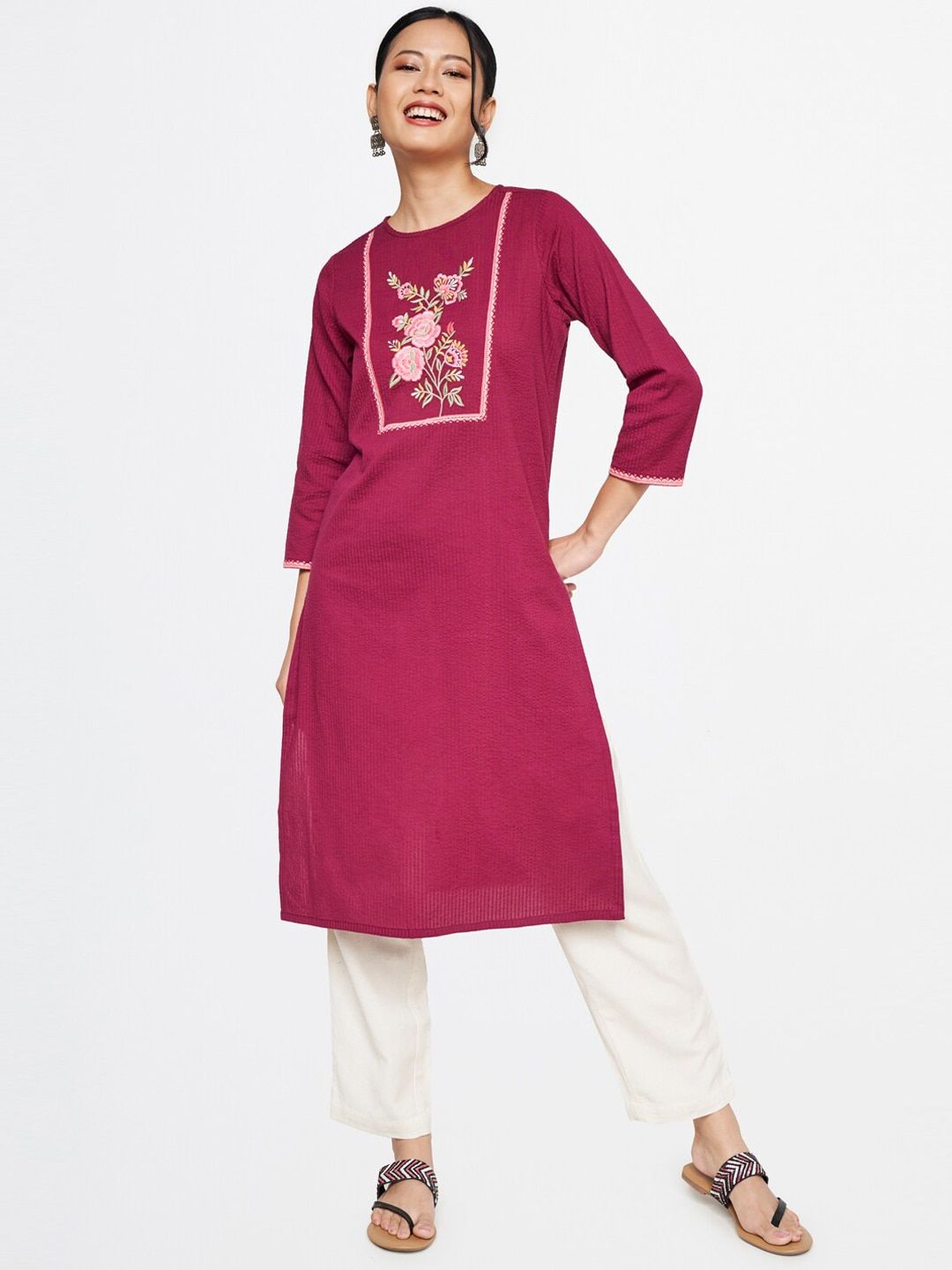 Global Desi Round Neck Embroidered Cotton Kurta