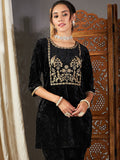 Shae by SASSAFRAS Floral Yoke Design Thread Work Velvet Short Kurta