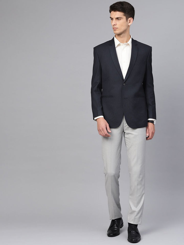 MANQ Men Navy Blue Slim Fit Solid Single Breasted Formal Blazer