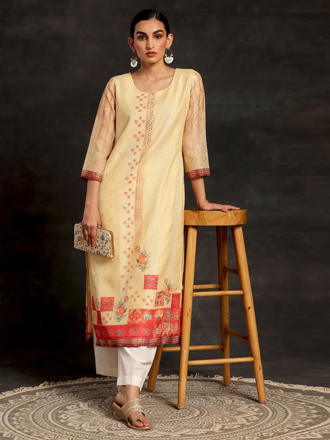 Libas Ethnic Motifs Printed Round Neck Chanderi Silk Kurta