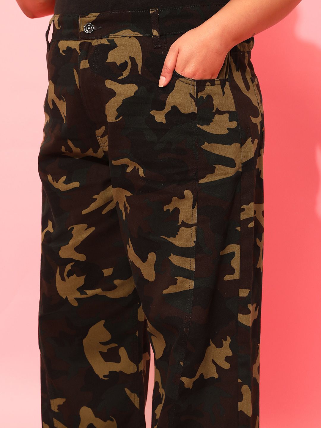 CURVY STREET Women Plus Size Olive Green Printed Relaxed Straight Leg Pure Cotton Trousers