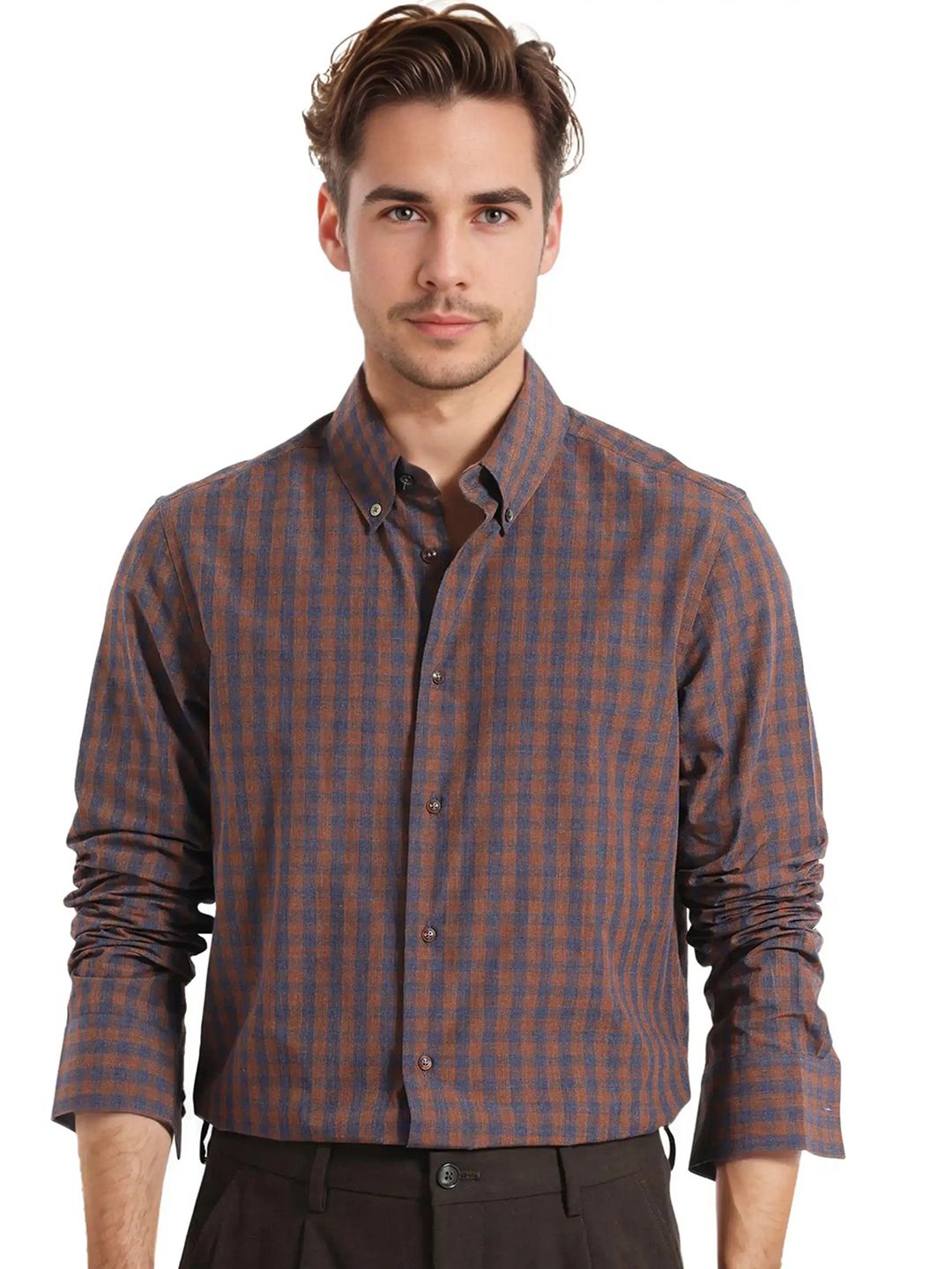 RARE RABBIT Men Comfort Spread Collar Checked Cotton Oversized Casual Shirt