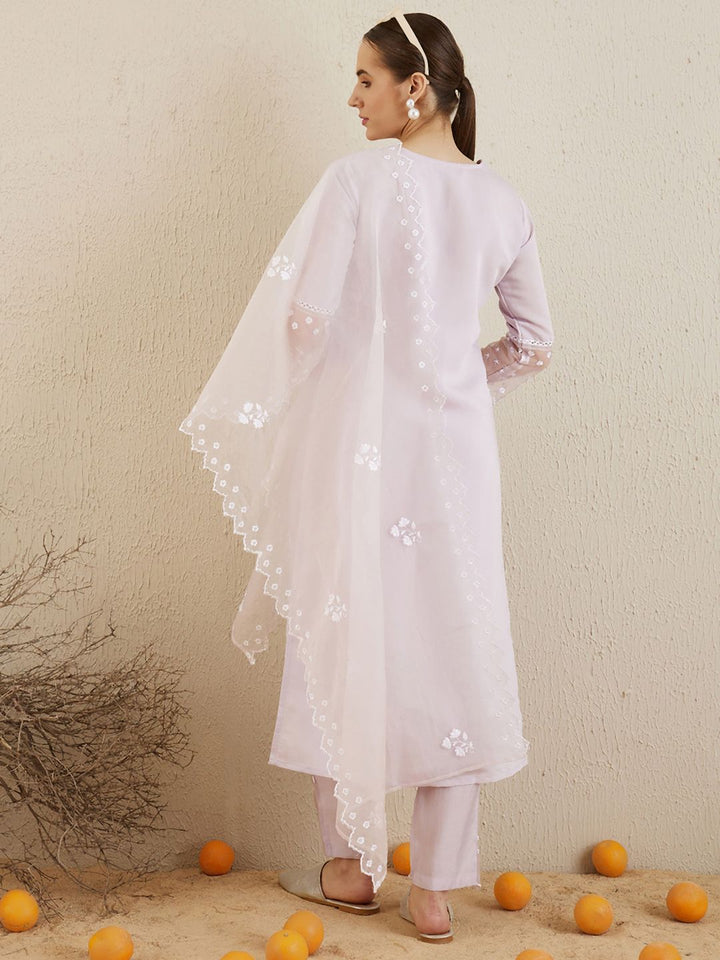 Indo Era Floral Embroidered V-Neck Thread Work Kurta with Trousers & With Dupatta