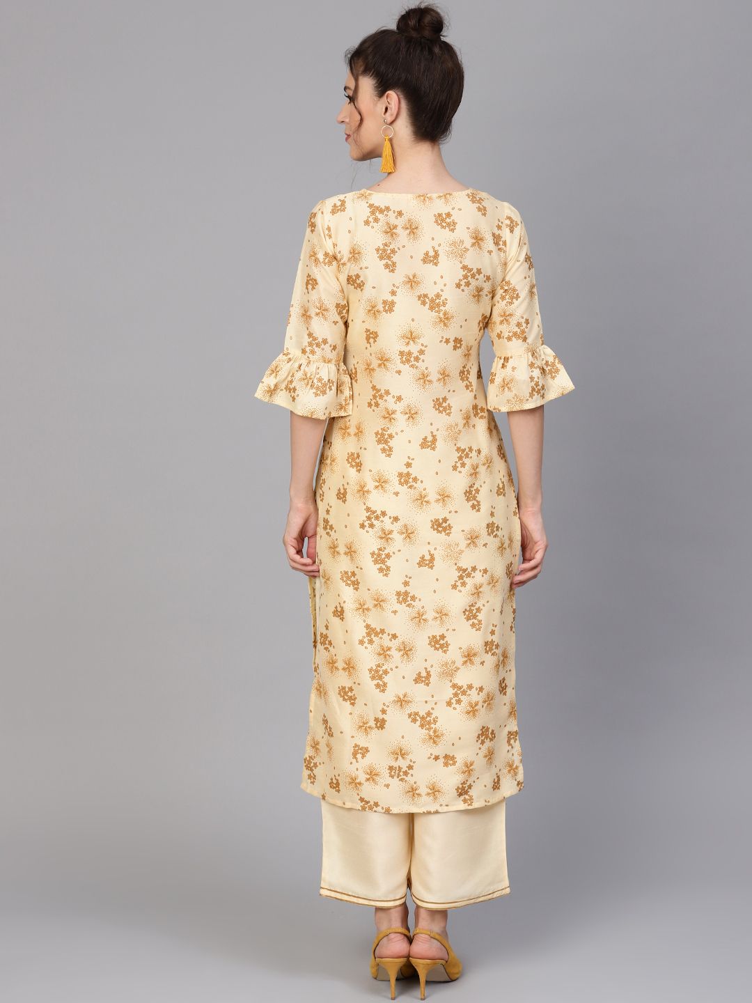 Gerua By Libas Women Cream-Coloured Brown Block Print Kurta with Palazzos