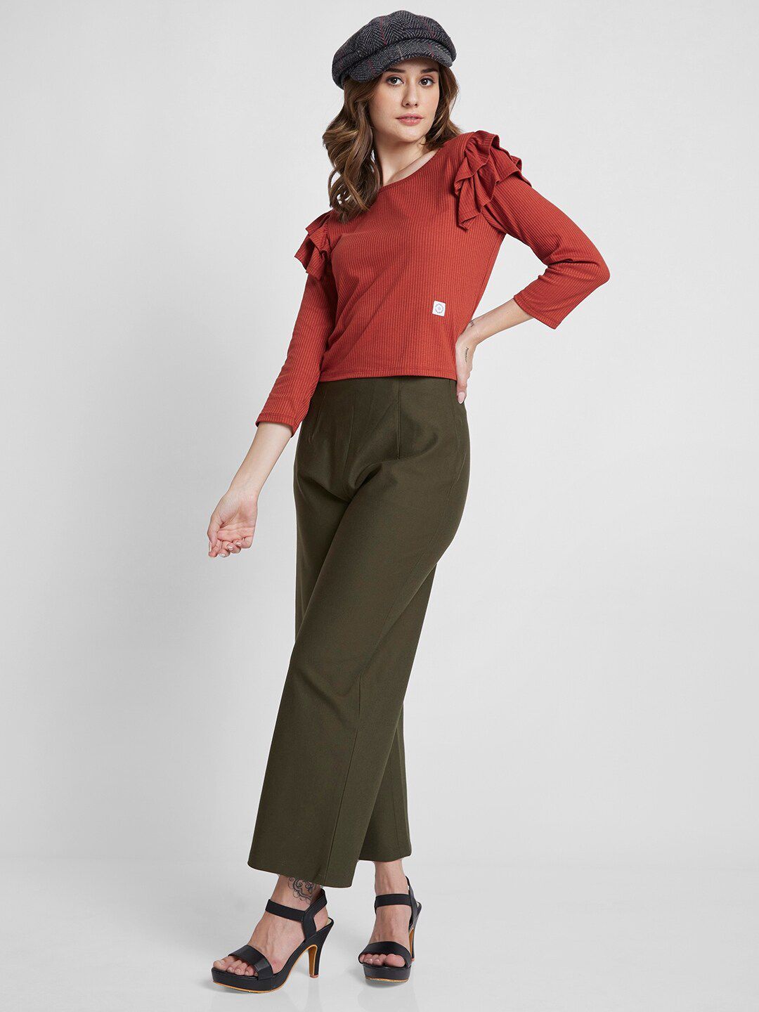 SPYKAR Self Design Boat Neck Ruffles Detail Cotton Top