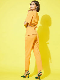 Athena Women Mustard Yellow Solid V-Neck Top and Trousers