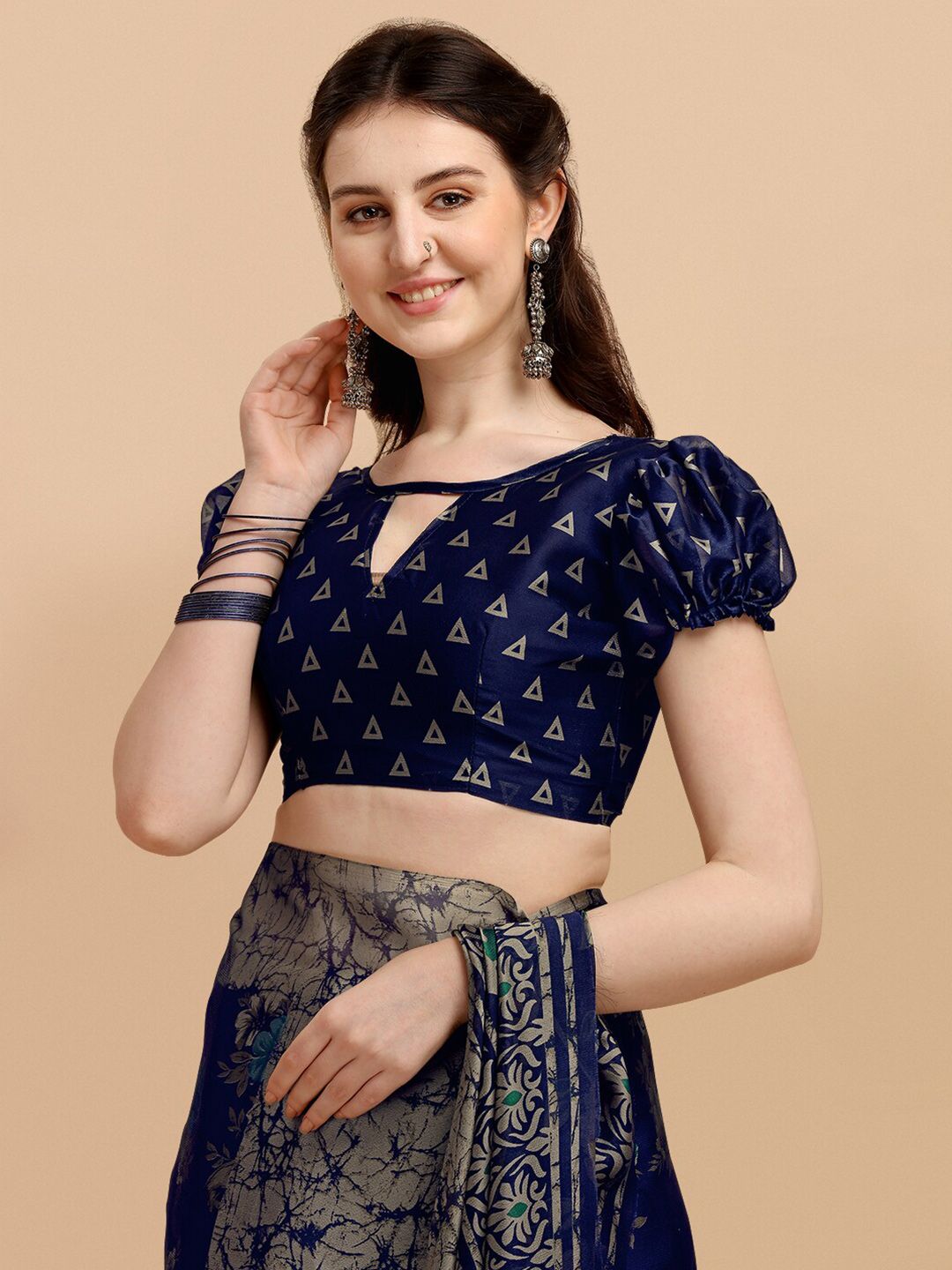 KALINI Navy Blue Floral Printed Saree