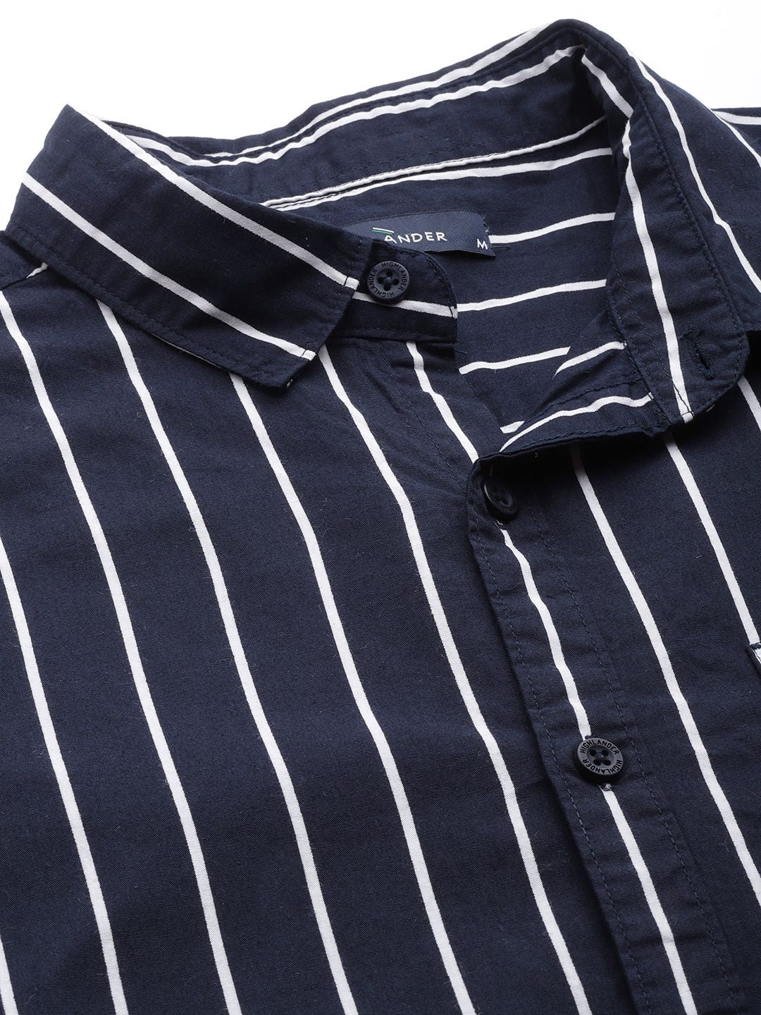 HIGHLANDER Men Navy Blue & White Slim Fit Striped Pure Cotton Casual Shirt