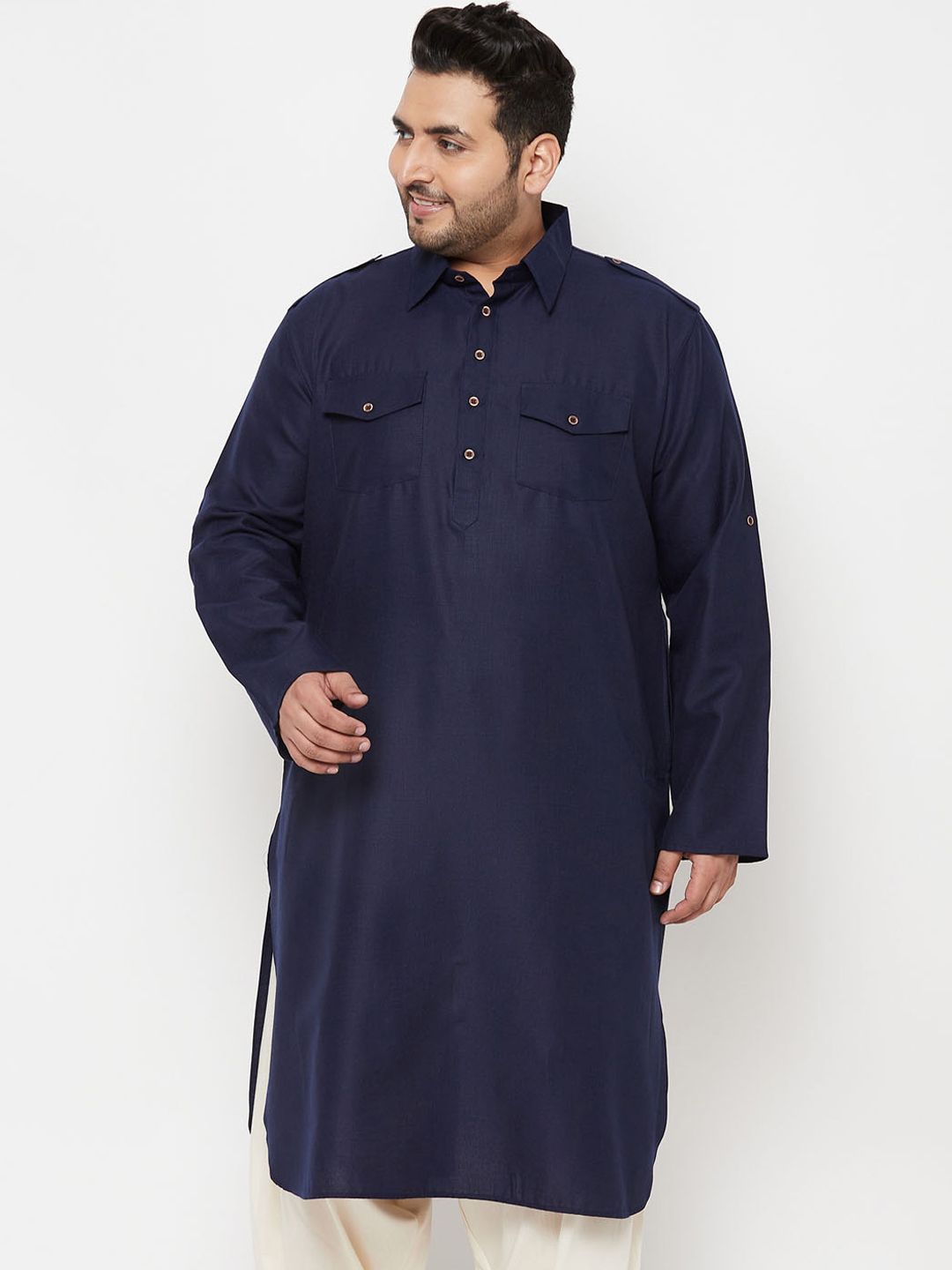 VASTRAMAY Plus Size Men Blue Solid Pathani Kurta