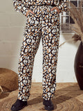 SASSAFRAS Women Beige Abstract Printed Mid-Rise Straight Trousers