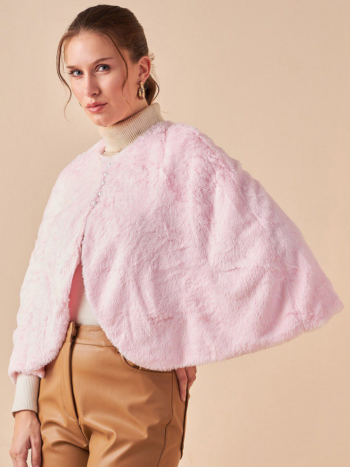 Antheaa V-Neck Three-Quarter Sleeve Button Detail Poncho Sweater